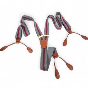 Vintage CAS West Germany Gray Red Striped Suspenders Brass Clips Leather Tabs
